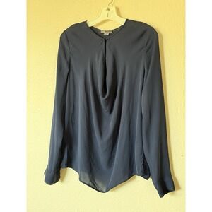 Vince Navy Blue 100% Silk Draped Front Blouse Women’s Size 12 Long Sleeve